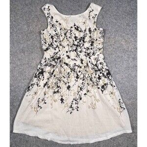 Liz Claiborne Sleeveless Floral Dress Lined Flared Cream, Black & Beige Size 14